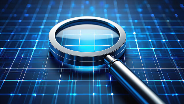 Futuristic blue digital grid glowing with data nodes, symbolizing high-tech searching, networking, and advanced information systems.