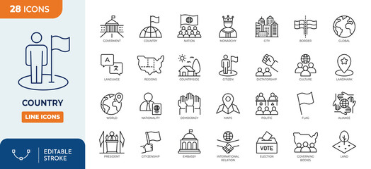 Country line editable icon set. Contain icons related to nation, government, territory, democracy, monarchy, and more. Editable stroke, Vector illustration