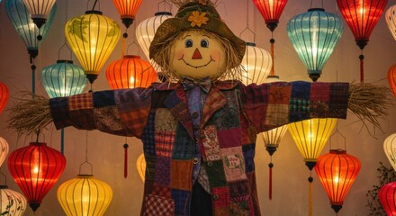 Scarecrow with Colorful Lanterns, Festive Decoration, Smiling Face.
