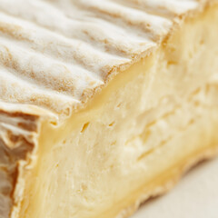 Hyper-realistic animation ultra close-up macro of brie showing fine texture bloomy rind and creamy paste detail