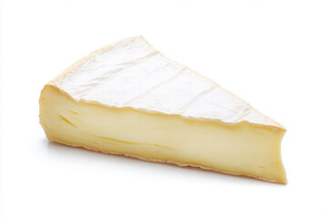 Hyper-realistic animation brie cheese wedge isolated on pure white background soft rind creamy interior studio light