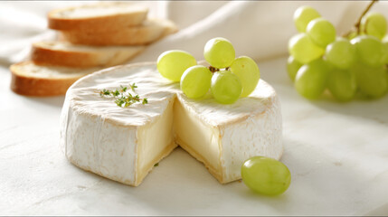 Hyper-realistic animation brie wedge with thin baguette slices and green grapes gourmet still life...