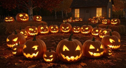 Fototapeta premium Spooky Halloween Night: Glowing Jack-o'-Lanterns Display with House Backdrop