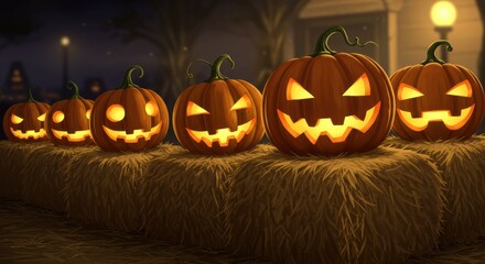 Obraz premium Spooky Halloween Pumpkins on Hay Bales at Night, Glowing Jack-o'-Lanterns, Festive Autumn Scene