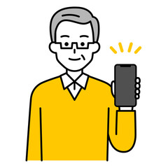 スマートフォンを手に持って見せる年配の男性