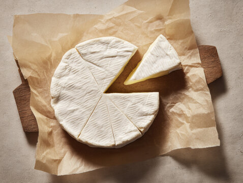 Hyper-realistic animation overhead shot of round brie wheel on parchment paper rustic board minimal composition