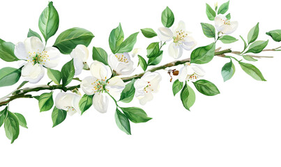 Obraz premium watercolor branch with white flowers and green leaves on a transparent background