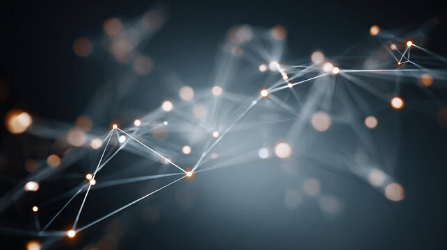 Abstract network of interconnected nodes with glowing lines on a dark gradient background, creating a sense of depth and technology
