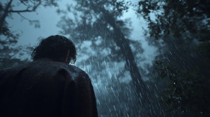 Obraz premium A dark, cinematic low-angle shot of a man standing alone in a forest or woods during a heavy rain storm. The mood is moody, cold, and somber