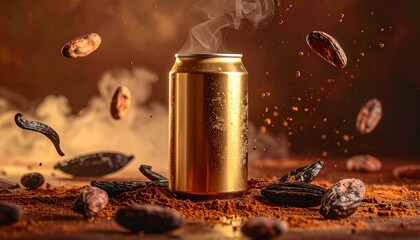 A steaming golden beverage can surrounded by flying cocoa beans and rich, dark cocoa powder.