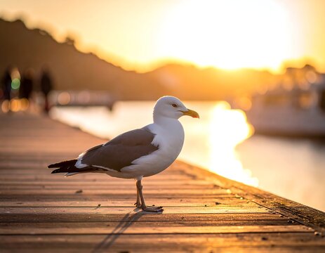 A seagull stands on a wooden dock at sunset, the golden light reflecting on the water and boats in the background