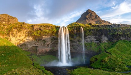 Obraz premium Majestic waterfall cascading down rocky slopes (1)