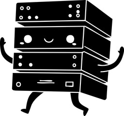 Digital art in the style of a kawaii server stack character walking happily, arms raised, against a plain white background, creating a cheerful mood.
