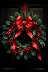 Elegant Christmas wreath with pine branches and red berries featuring large red bow on dark wooden door for festive holiday decoration. Generative AI.