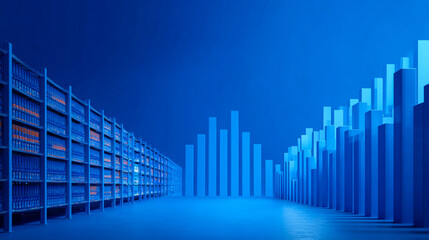 Aisle with 3D Graphs and Statistical Representation in Blue Tone for Business Growth Analysis and Data Visualization Concept