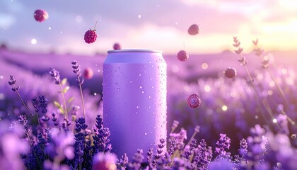 A cold, dewy purple can in a beautiful lavender field with raspberries floating in the air at sunrise.