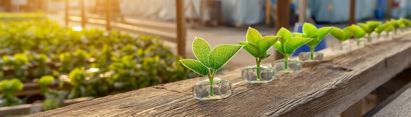 Fresh Green Seedlings in Clear Water Cups on Light Wooden Table