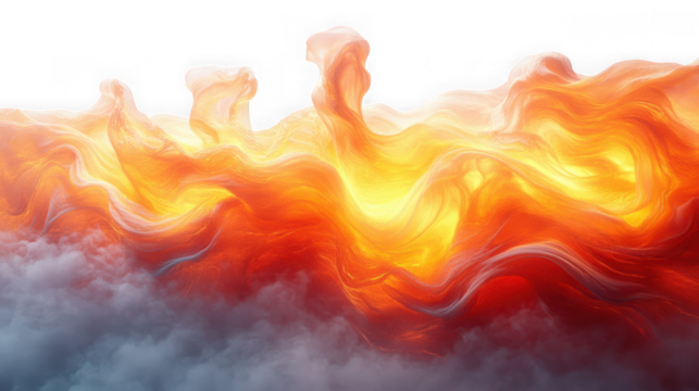 An abstract and vibrant display of orange and yellow smoke swirling against a white backdrop, creating a dynamic and fiery visual effect isolated on transparent background - Powered by Adobe