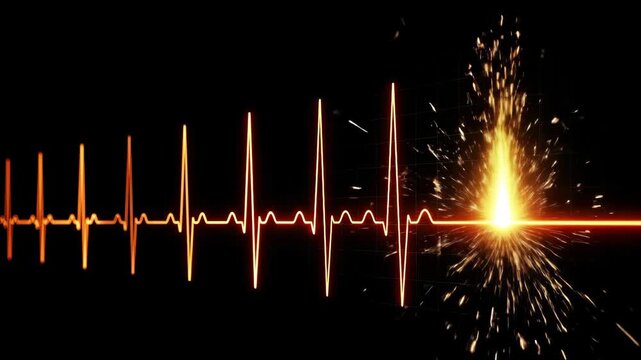 Heart attack EKG flatline with spark explosion