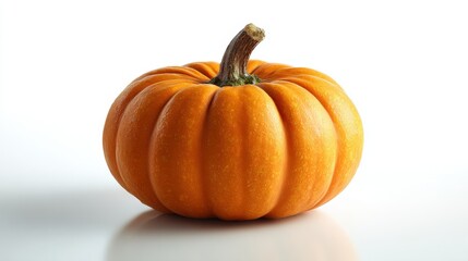 Small orange pumpkin placed on a clean white surface with soft lighting, ideal for autumn, Halloween, or fall-themed design projects.