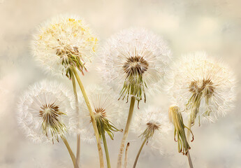 Obraz premium Dreamy Dandelion Seed Heads Closeup, Soft Beige Artistic Floral Nature