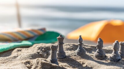 Sand Chess Set at Beachside with Vibrant Umbrellas in Background