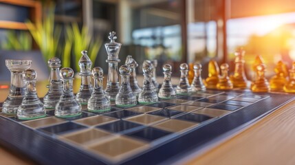 Glass and Wooden Chess Pieces on Board with Natural Lighting