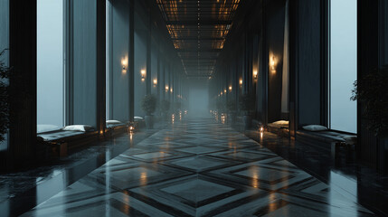 Ethereal Corridor with Fog and Subtle Lighting Creating a Dreamlike Atmosphere in an Elegant Interior Space
