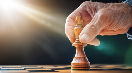 Hand Moving King Chess Piece on Checkered Board in Dramatic Light