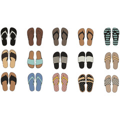 Casual Summer Sandals and Flip-Flops Set: A Top-Down View Collection of Comfortable Beach and Leisure Footwear Illustrations
