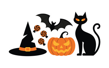 Halloween icons including a black cat witch hat pumpkin and bat