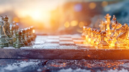 Glowing Chess Pieces on Wooden Board During Dramatic Sunset Scene