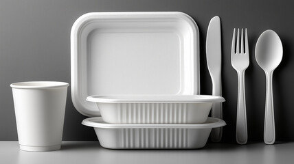 Clean minimalistic flat lay composition of disposable plastic tableware including plates cups forks knives and spoons neatly arranged on white background for picnic party and casual dining concepts
