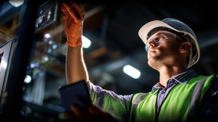 Industrial Worker Using Smartphone in Warehouse with Safety Gear