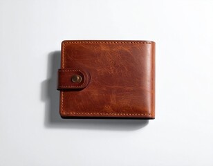 Brown leather bifold wallet, closed, on white background