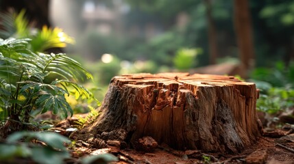 Fototapeta premium A large, weathered tree stump with an uneven, organic circumference, serving as a base for product exhibition, surrounded by lush green foliage in a tropical forest, soft natural lighting, high detail