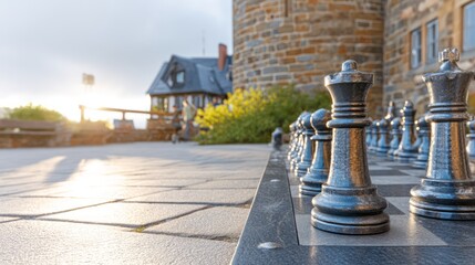 Outdoor Chess Game with Sunset View Near Historic Stone Building