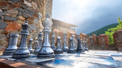 Large Outdoor Chess Set with Stone Castle Background in Nature