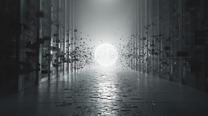 Futuristic Data Center Aisle with Floating Particles and a Sphere Illuminating the Space in a Minimalistic Environment