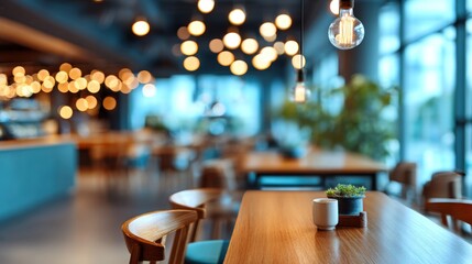 Abstract blurred coffee shop and restaurant interior, defocused tables and chairs, soft bokeh lights, cozy modern ambiance, spacious minimal background for text or UI overlay, professional stock photo
