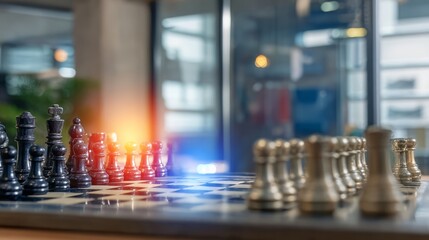 Chess Board with Black and Gold Pieces in Modern Office Setting