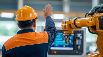 Worker Interacting with Industrial Robot in a Modern Manufacturing Facility