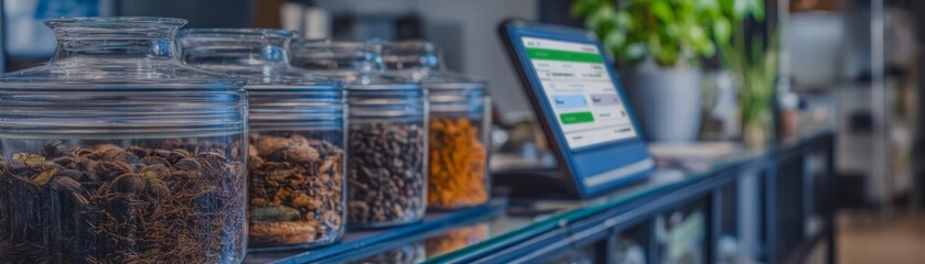 Display of Glass Jars with Various Spices and Digital Tablet in Shop