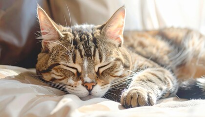 A peaceful tabby cat rests serenely on a light beige bed, basking in the soft morning sun. Its closed eyes and relaxed posture evoke a sense of tranquility and contentment.