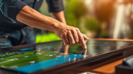 Businessman Using Interactive Touchscreen for Data Exploration