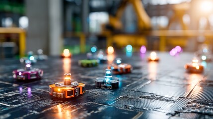 Colorful Robots on Circuit Board in High-Tech Factory Environment