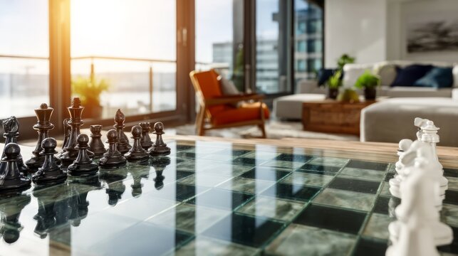 Modern Chess Game Setup in Stylish Living Room with Natural Light