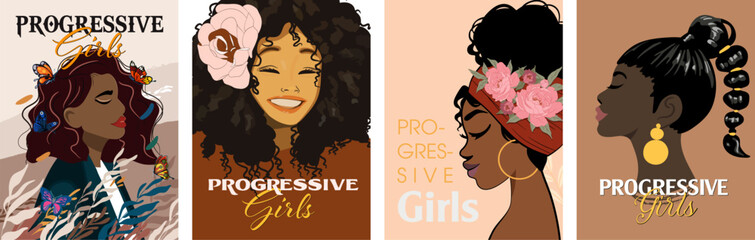 Vector bundle featuring posters of Black adolescent girls. Perfect for educational materials, social campaigns, youth projects, diversity illustrations, empowerment themes, and decorative designs.