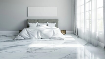 Minimalist Bright Bedroom with White Bedding and Large Windows in Modern Interior