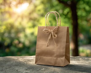 Light brown paper shopping bag with twine handles and bow on wooden surface, natural green background